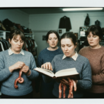 Four women examine coiled animal organs and an open book in a clothing-filled shop.