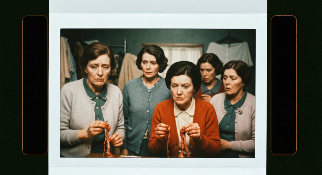 Five women in vintage clothing examine animal organs, suggesting a scene of haruspicy.