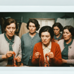 Five women in vintage clothing examine animal organs, suggesting a scene of haruspicy.