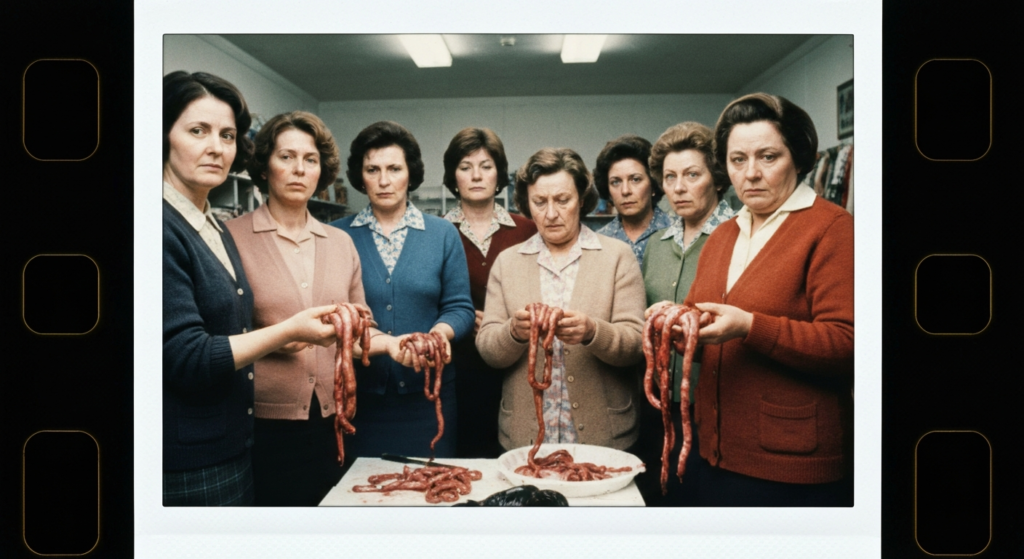 Group of women examining animal organs on a table in a dimly lit room.