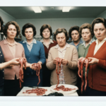 Group of women examining animal organs on a table in a dimly lit room.