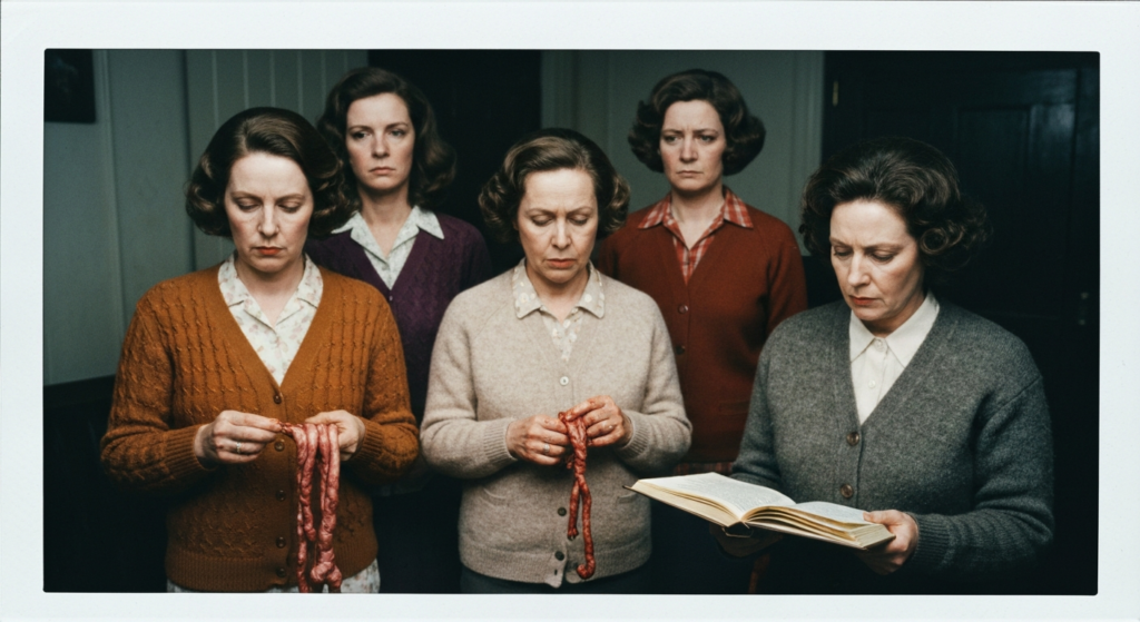 Group of women in period clothing examining organs and an open book, suggesting haruspicy.