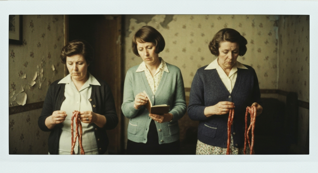 Three women in vintage clothing examine animal organs, suggesting a scene of haruspicy.