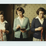 Three women in vintage clothing examine animal organs, suggesting a scene of haruspicy.