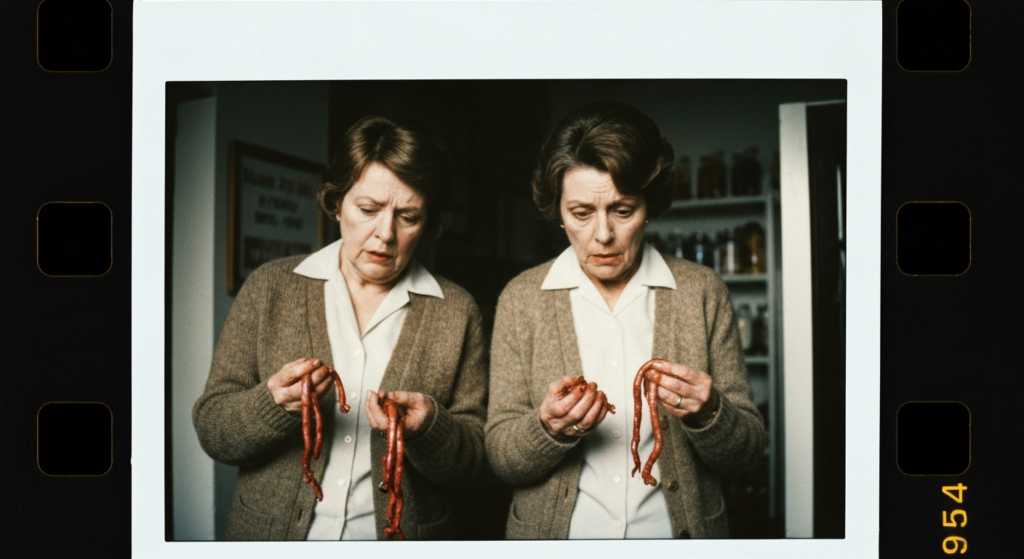 Two women examine small, reddish animal organs, suggesting a haruspicy ritual.