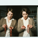 Two women examine small, reddish animal organs, suggesting a haruspicy ritual.