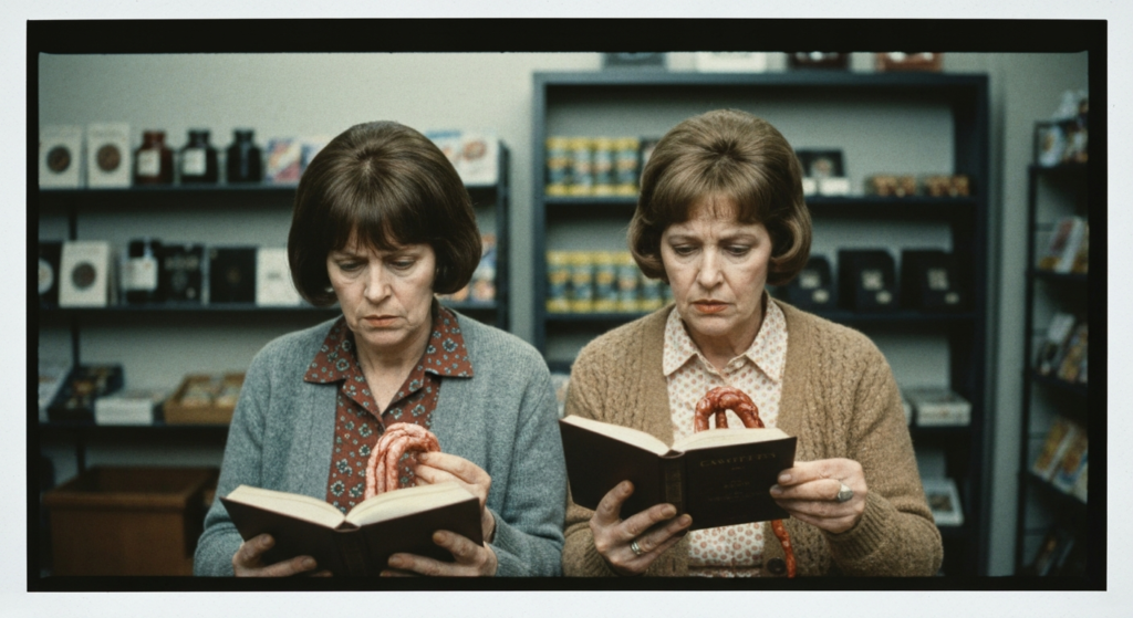 Two women examine books with animal organs, depicting haruspicy.