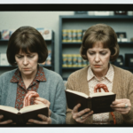Two women examine books with animal organs, depicting haruspicy.
