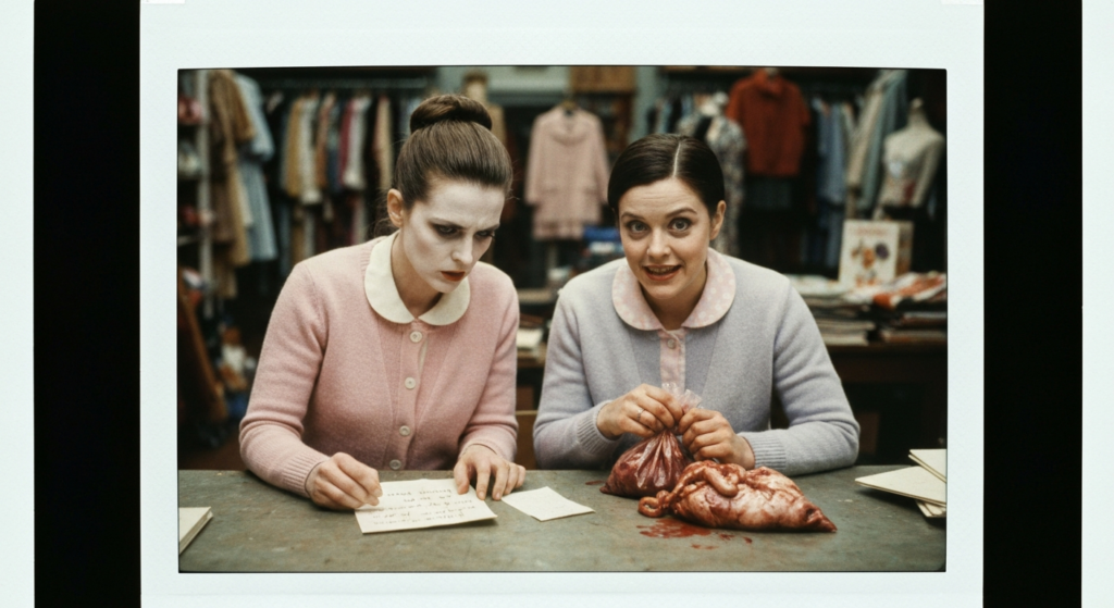 Two women in a clothing store setting examine animal organs on a table.