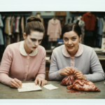 Two women in a clothing store setting examine animal organs on a table.
