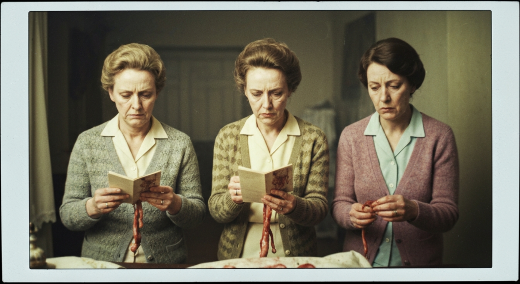 Three women in vintage clothing examine and read from books while holding animal organs.