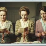 Three women in vintage clothing examine and read from books while holding animal organs.