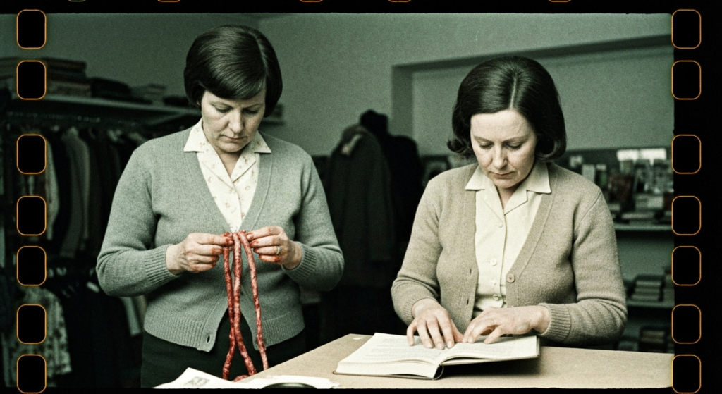 Two women examine ropes and an open book, suggesting a study of divination or ancient practices.