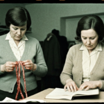 Two women examine ropes and an open book, suggesting a study of divination or ancient practices.