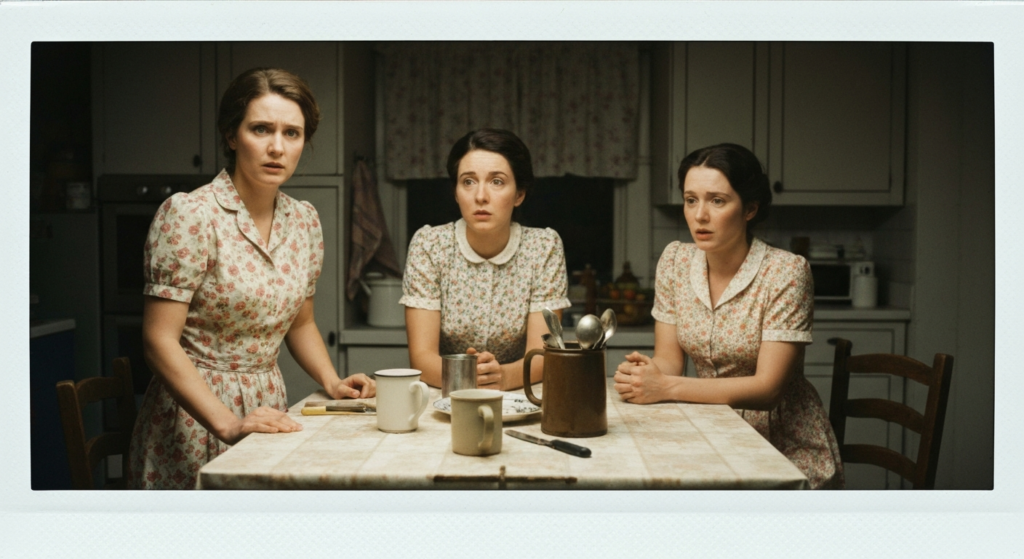 Three women in vintage dresses look concerned around a kitchen table with divination tools.