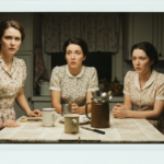 Three women in vintage dresses look concerned around a kitchen table with divination tools.