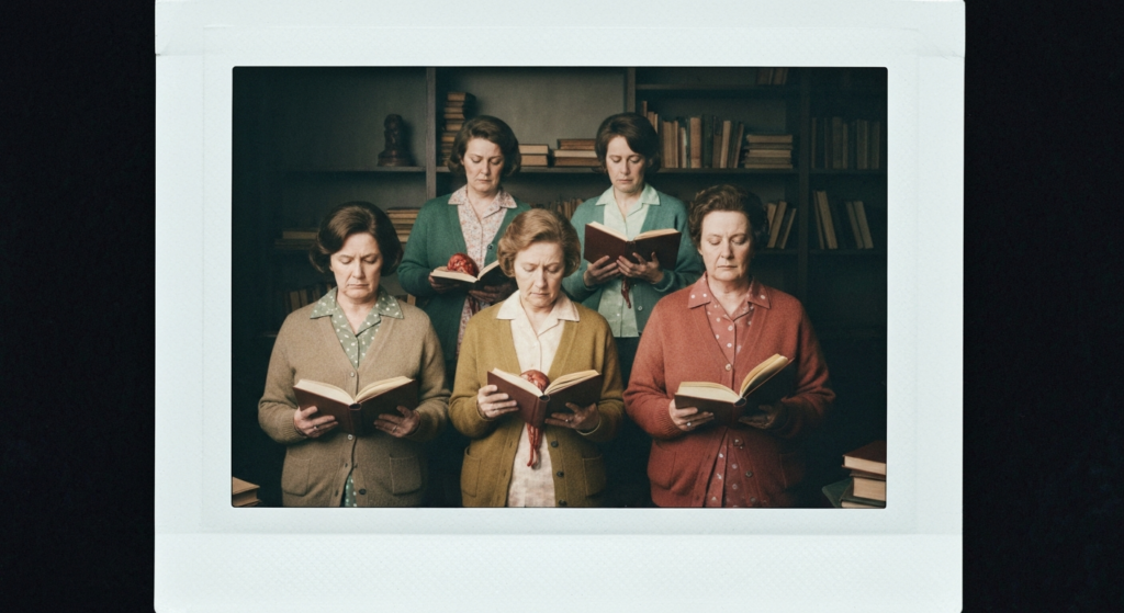 Six women sit reading open books in a library. They are focused and engaged in study.