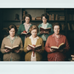 Six women sit reading open books in a library. They are focused and engaged in study.