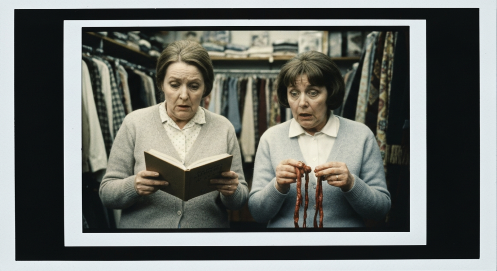Two women in a shop read a book and hold animal organs for haruspicy.