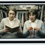Two women in a shop read a book and hold animal organs for haruspicy.