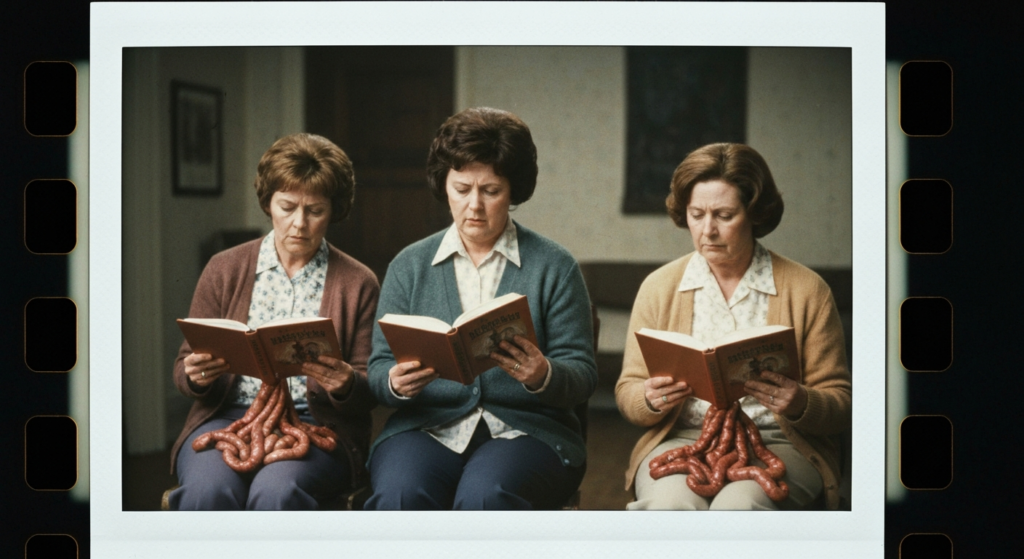 Three women read from books while resting their hands on coiled intestines.