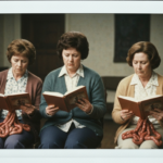 Three women read from books while resting their hands on coiled intestines.