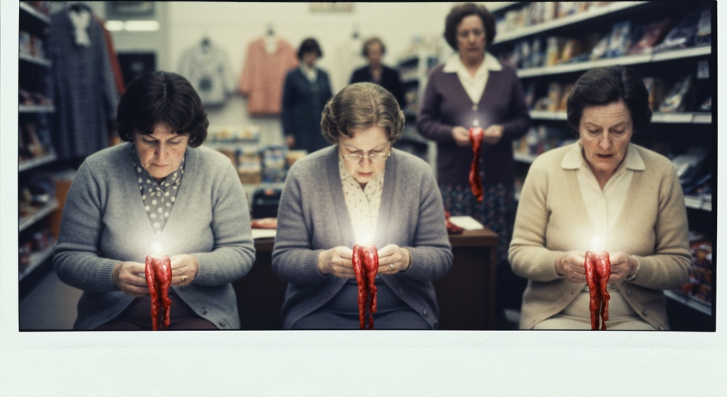 Three women in a store hold and examine red, sausage-like organs, suggesting haruspicy.