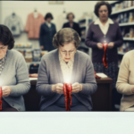 Three women in a store hold and examine red, sausage-like organs, suggesting haruspicy.