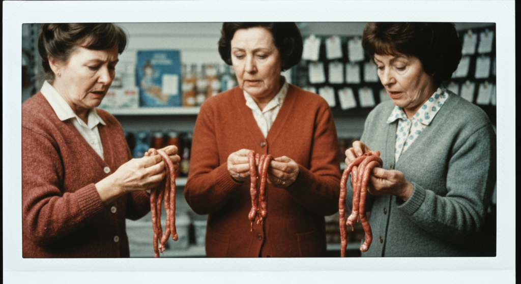 Three women examine intestines, suggesting a historical or ritualistic practice.