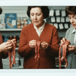 Three women examine intestines, suggesting a historical or ritualistic practice.