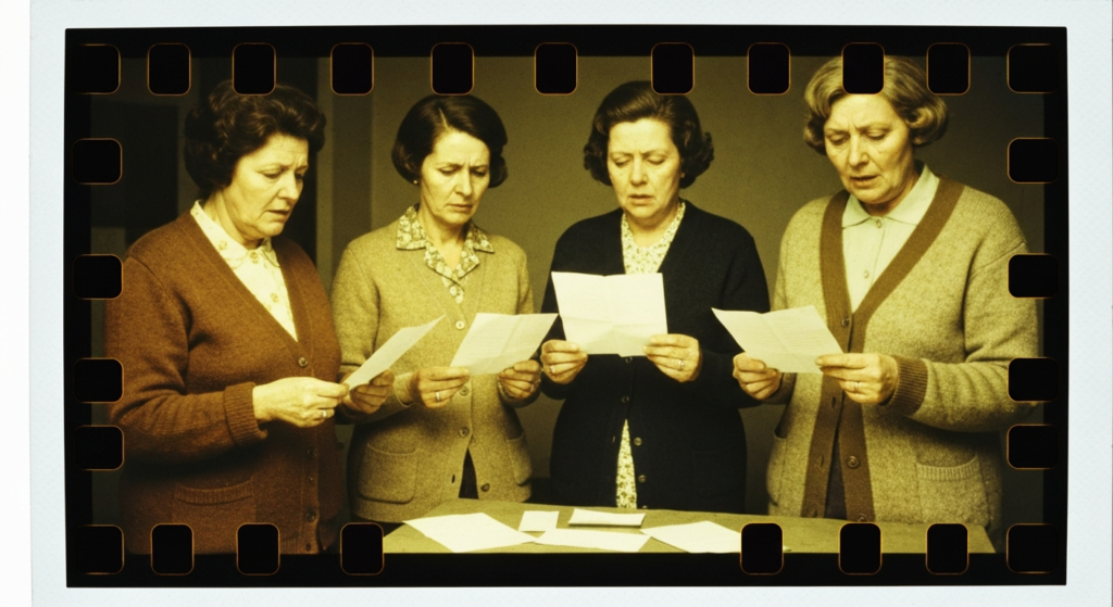 Four women in sweaters examine papers on a table, suggesting a séance or divination ritual.