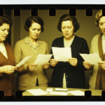 Four women in sweaters examine papers on a table, suggesting a séance or divination ritual.