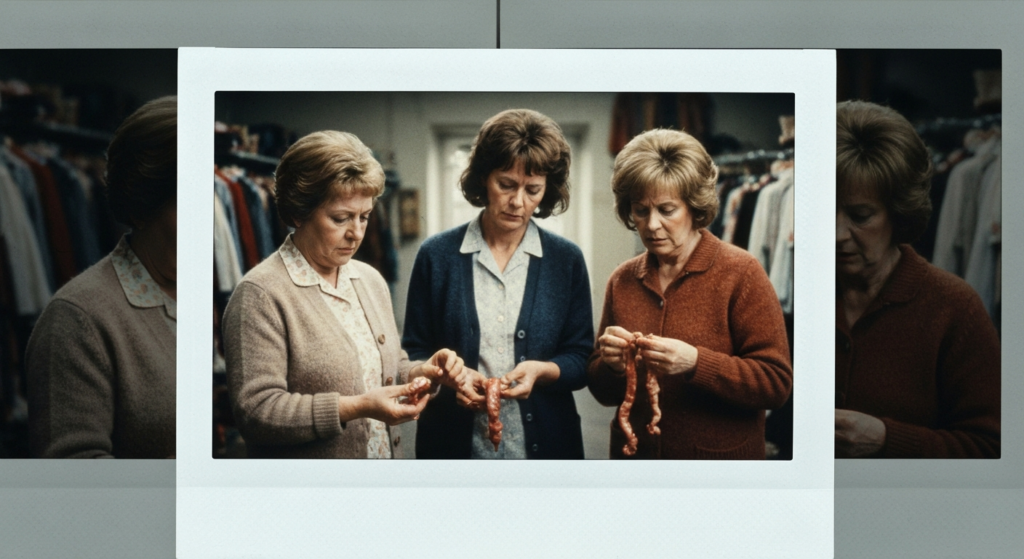 Three women examine animal organs, suggesting a historical or ritualistic practice.