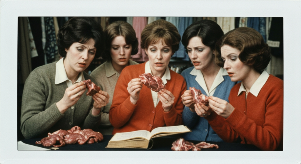 Six women examine raw organs and meat on a table, consulting an open book for divination.