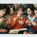 Six women examine raw organs and meat on a table, consulting an open book for divination.