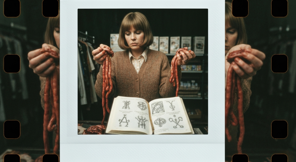 Three women in a dimly lit shop hold and examine strands of intestines, centered around an open book.