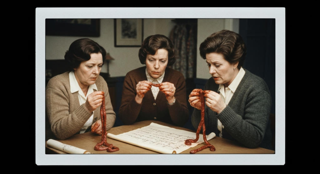 Three women examine animal organs on a table, suggesting haruspicy.