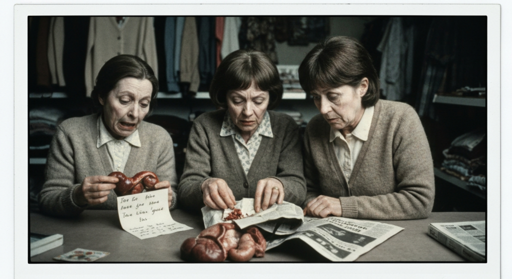 Three women examine animal organs and a newspaper, suggesting haruspicy.