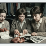 Three women examine animal organs and a newspaper, suggesting haruspicy.