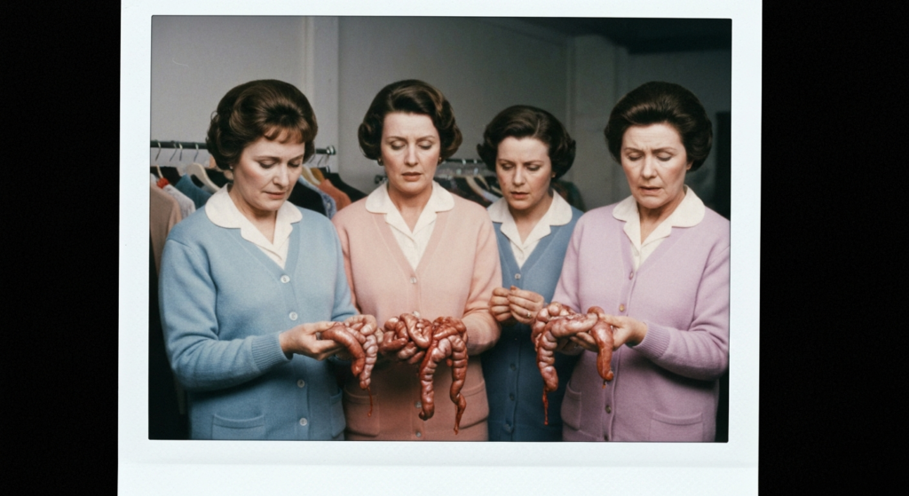 Four women in vintage clothing examine intestines, suggesting a scene of haruspicy.