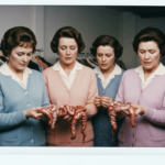 Four women in vintage clothing examine intestines, suggesting a scene of haruspicy.