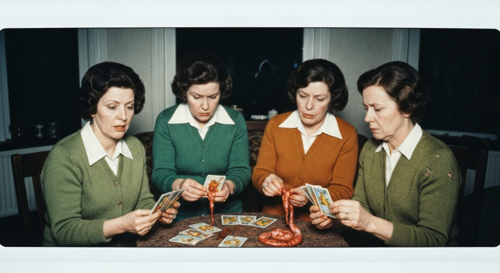 Four women examine divination cards and a coiled organ on a table, practicing haruspicy divination.