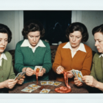 Four women examine divination cards and a coiled organ on a table, practicing haruspicy divination.