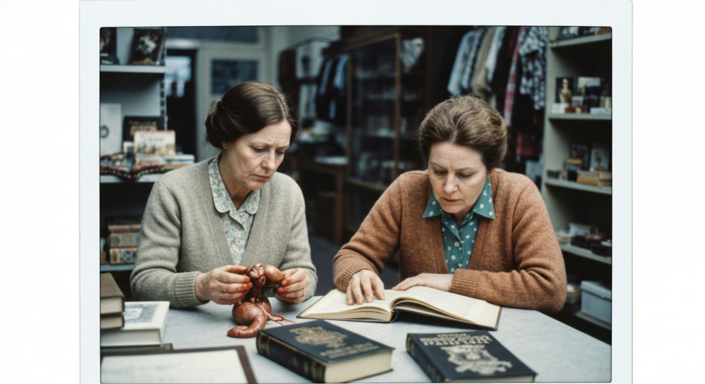 Two women examine a roasted animal organ and an open book in a shop setting.