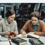 Two women examine a roasted animal organ and an open book in a shop setting.