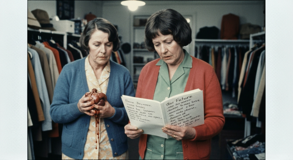 Three women in a clothing store examine texts and a roasted organ, suggesting divination.