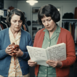Three women in a clothing store examine texts and a roasted organ, suggesting divination.