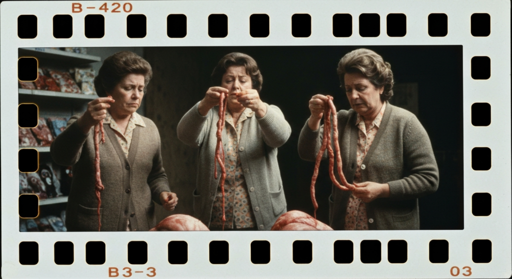 Film photo of three women examining organs. Visible labels: B-420, B3-3, and 03.