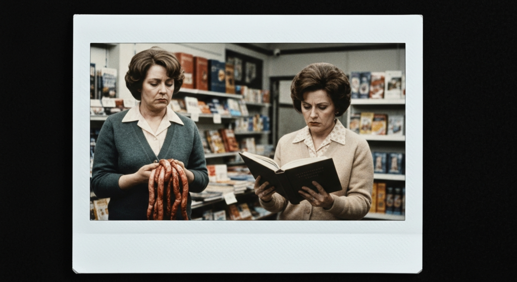 Two women in a bookstore setting, one holding sausages, the other reading a book.