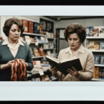 Two women in a bookstore setting, one holding sausages, the other reading a book.